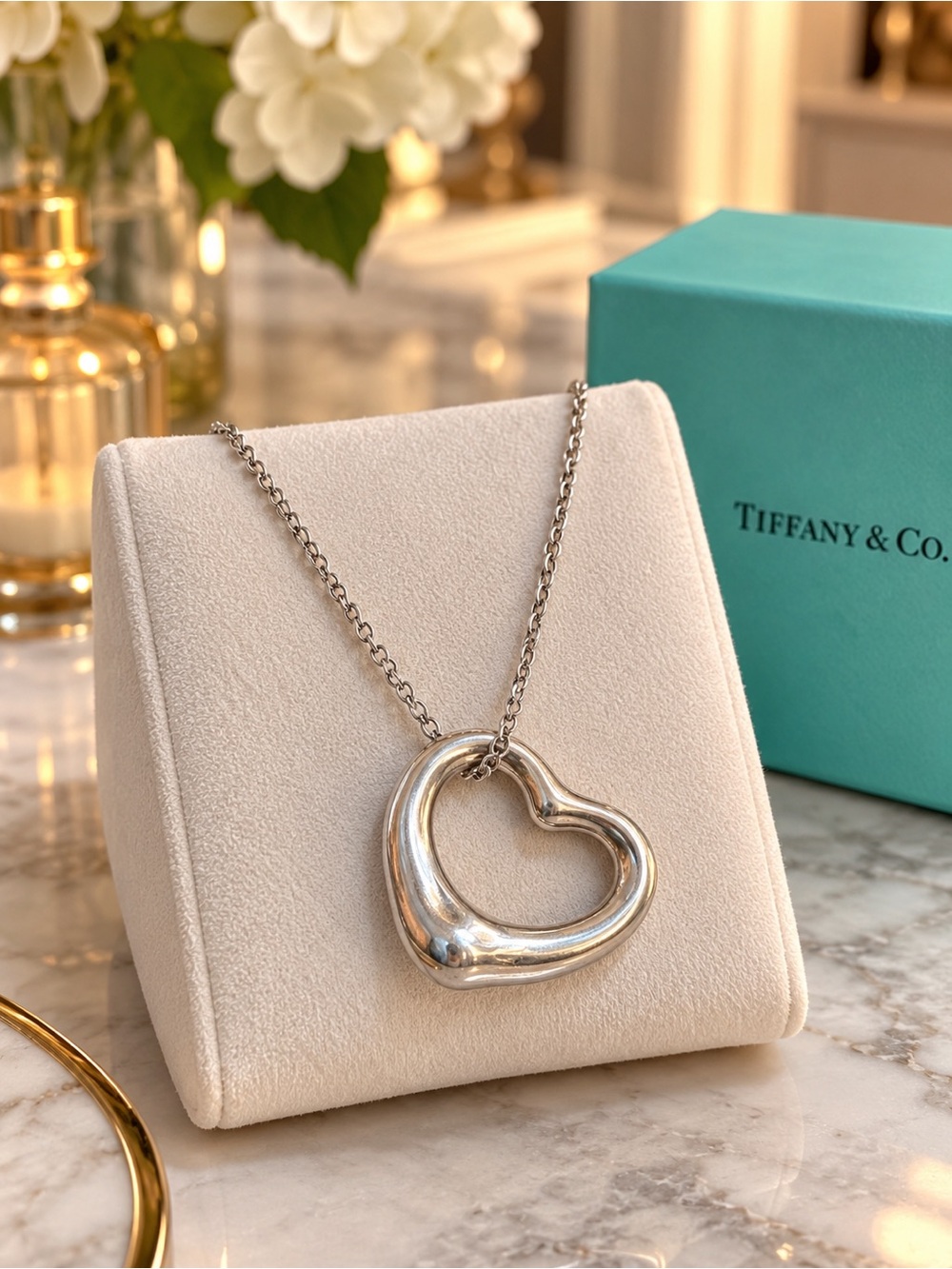Tiffany & Co. Elsa Peretti Open Heart 925 Silver Pendant + Chain